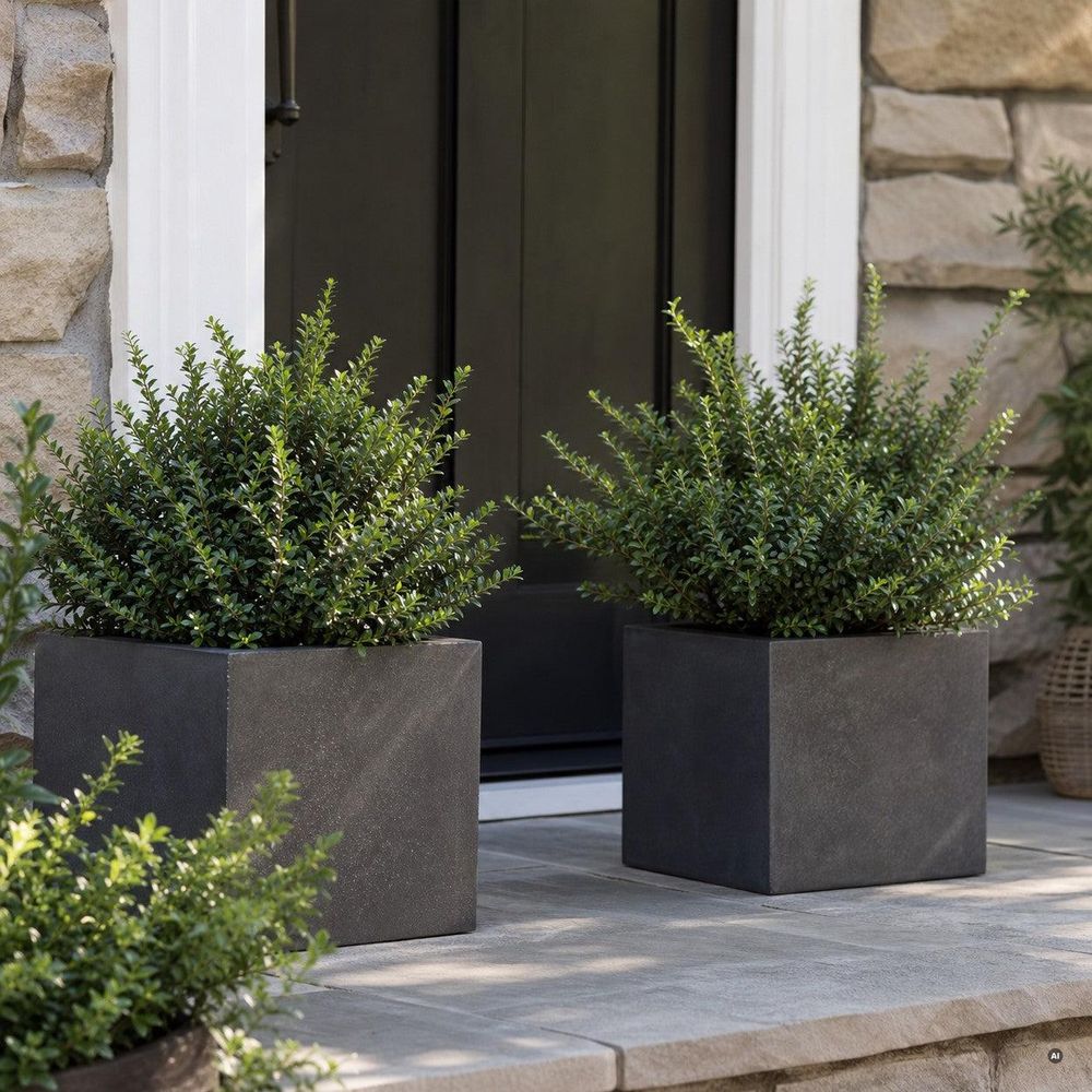 Zwei Kübel mit Ilex-Kugeln symmetrisch neben einer Haustür, gepflegter Eingangsbereich.