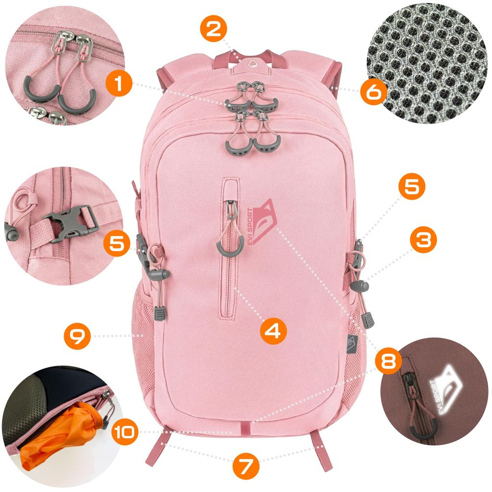 Plecak Turystyczny Trekkingowy Górski 25L EVI SPORT TRAILPACK Męski Damski Mocny Wodoodporny z Pokrowcem Laptop Miejski Rowerowy - różowy