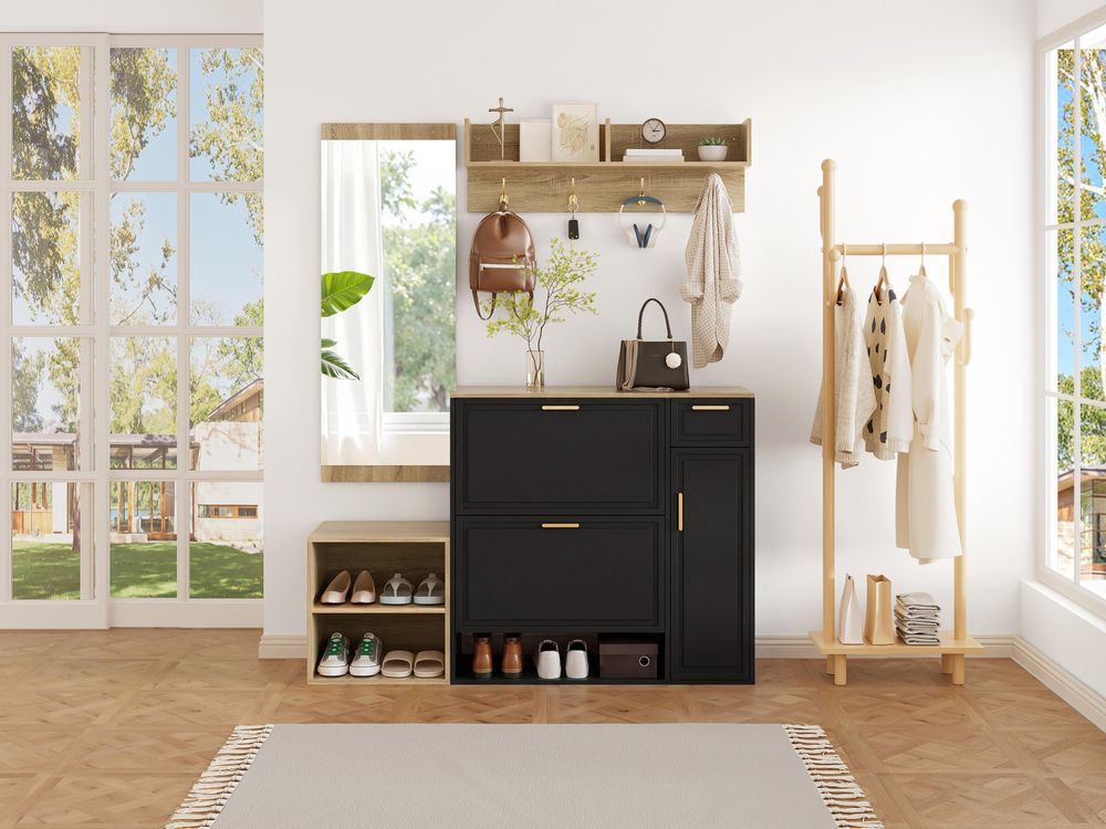 Merax Garderobenset, Garderobenständer Komplettset mit Schuhschrank, Sitzbank, Wandgarderobe, Spiegel, Regal, Flur Möbel Stauraum, Schwarz+Natur