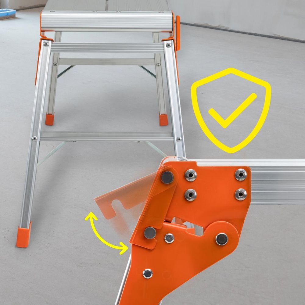 Craftfull Arbeitsplattform CF-107A | Arbeitsbühne - Klappbar - Anti-Rutsch - Aluminium - Mobil - Klappwerkbank - Podest - 150 kg (Silber/Orange)