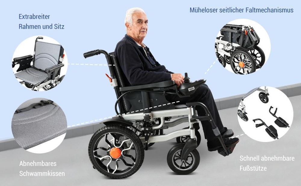 Elektrorollstuhl faltbar, elektrischer Faltrollstuhl mit Joystick, 24V Akku, Armlehnen, Fußstützen, für Senioren, Zuhause und Pflege