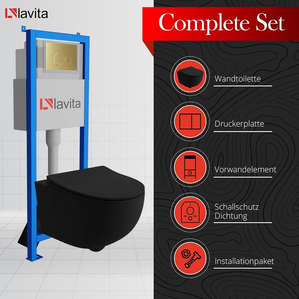 Lavita LAV 101 Vorwandelement für WC 40cm + Wand Hänge Tiefspül WC BRAVA Schwarz Spülrandlos + Bedienplatte LAV 200.4.5 Gold | Komplettset | Unterputz Spülkasten | Toilette Komplett Sett