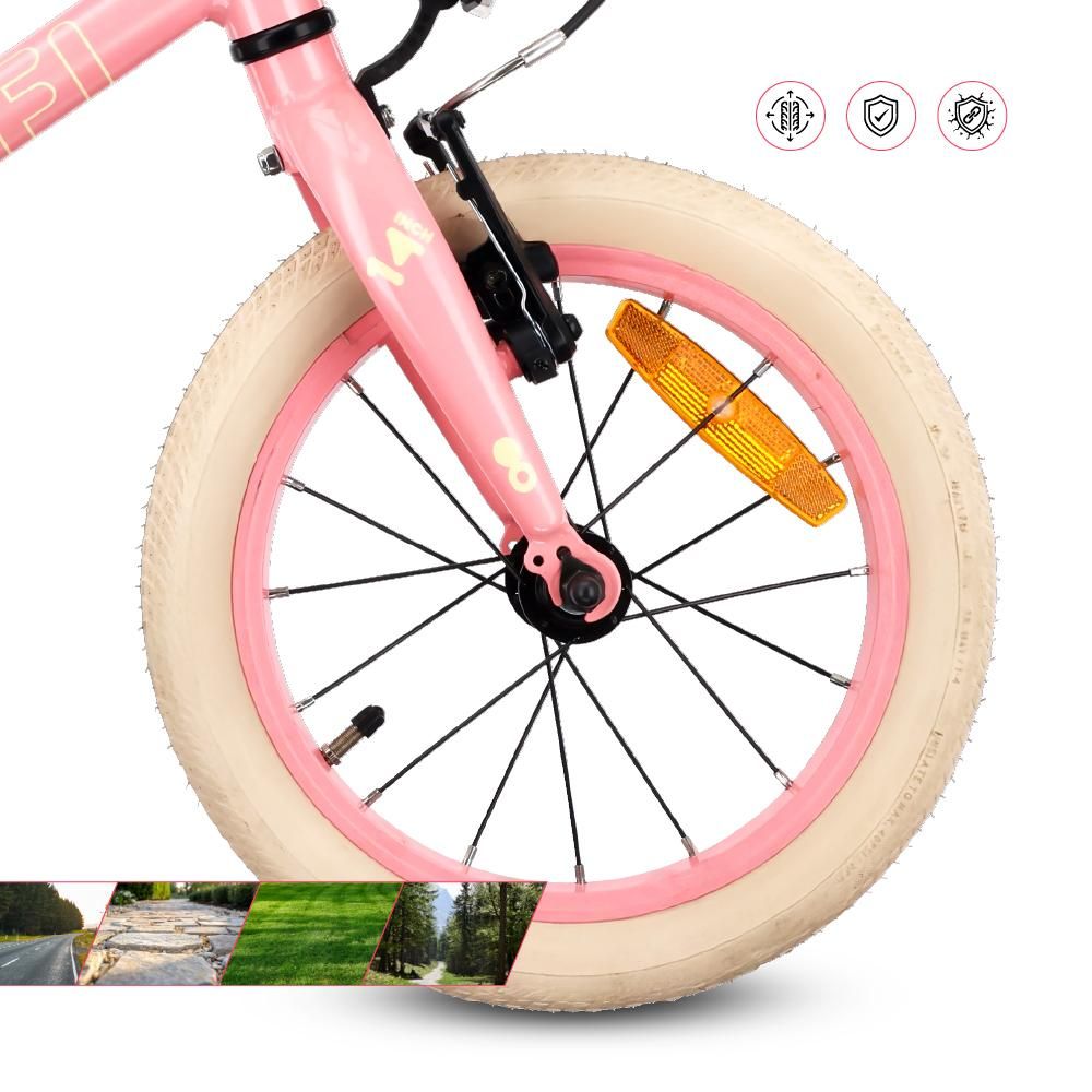 SUN BABY LOOFI Kinderfahrrad 14 Zoll, leichtes Aluminium Fahrrad 6,6 kg für Kinder ab 3 Jahre, mit Stützrädern, Korb, Klingel, mit Puppensitz, Mädchen