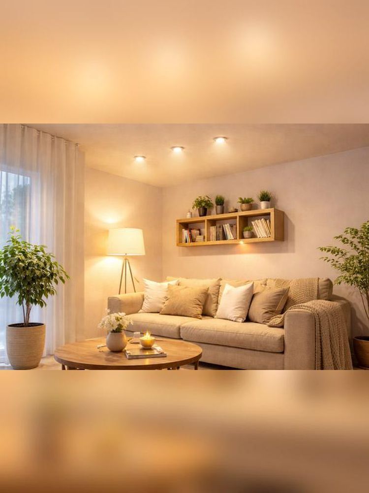 Das Bild zeigt ein Wohnzimmer in gemütlichem warmweißem Licht.