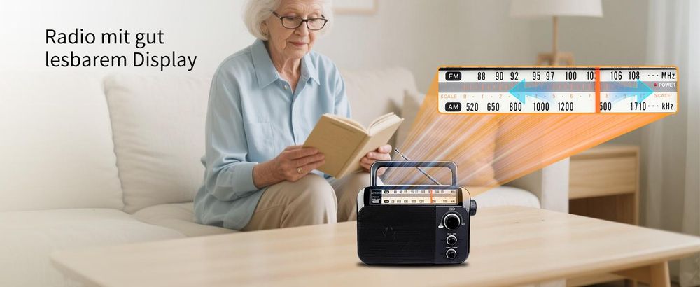 Retekess TR604 Tragbares Radio, FM Radio mit Batteriebetrieb, Großer Knopf Großer Lautsprecher Einstellbare Höhen und Bässe für Senioren Vatertag