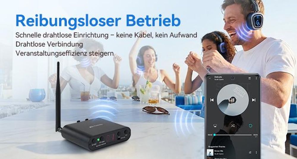 Retekess TA004S Silent Disco Kabelloser Kopfhörer, Audiosystem Verbesserte Version, 6-Kanal mit Bluetooth, faltbar, für Fernseher, Yoga, Meditation