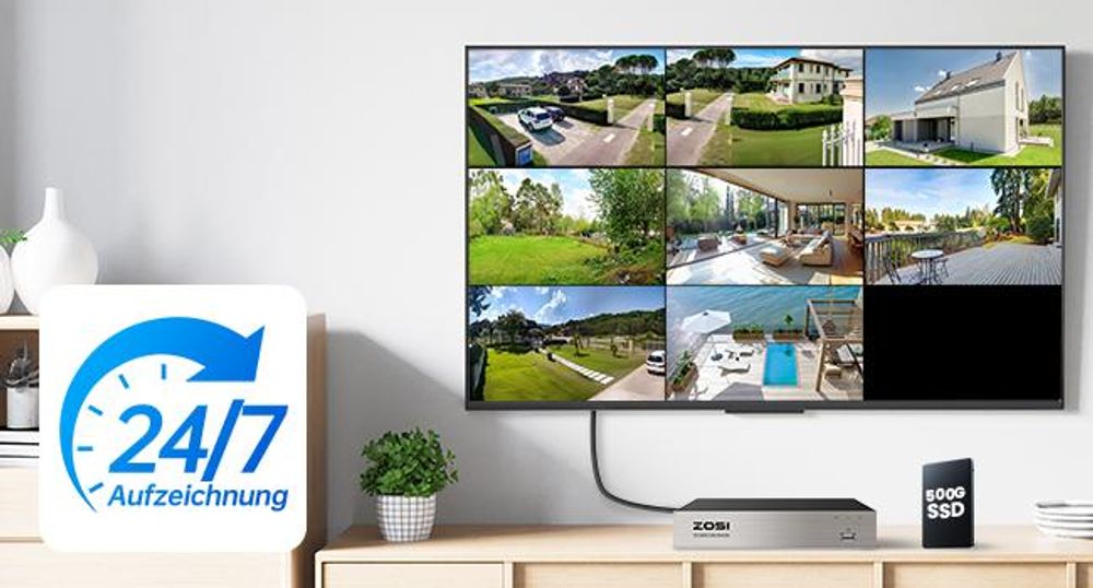 ZOSI 2MP Kabelgebunden Überwachungskamera Set mit Audio, 8CH 500GB DVR und 4X PTZ TVI Aussenkameras, Personen- und Fahrzeugerkennung