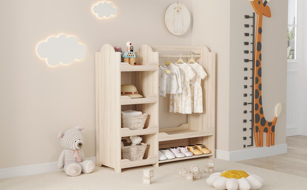 Merax Kindergarderobe Holz mit Kleiderstange, 6 Ablagen, Kinderregal, Kleiderschrank, Standgarderobe, Kinderzimmer Möbel, 110×39×110 cm, Natur