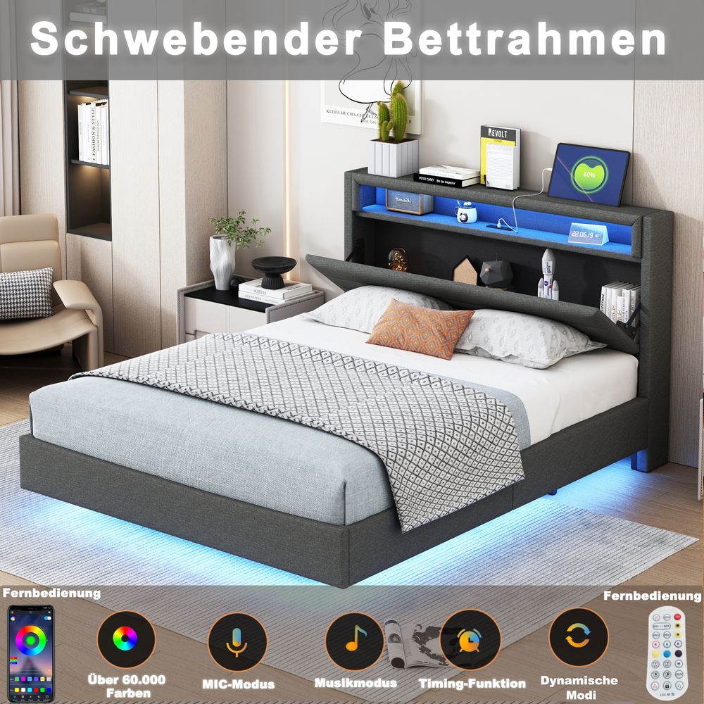MODFU Polsterbett Funktionelles 140 x 200 cm mit USB-Ladeanschluss und Kopfteil mit Stauraum, Doppelbett Stauraumbett mit LED-Beleuchtung Leinenstoff Grau(Ohne Matratze)