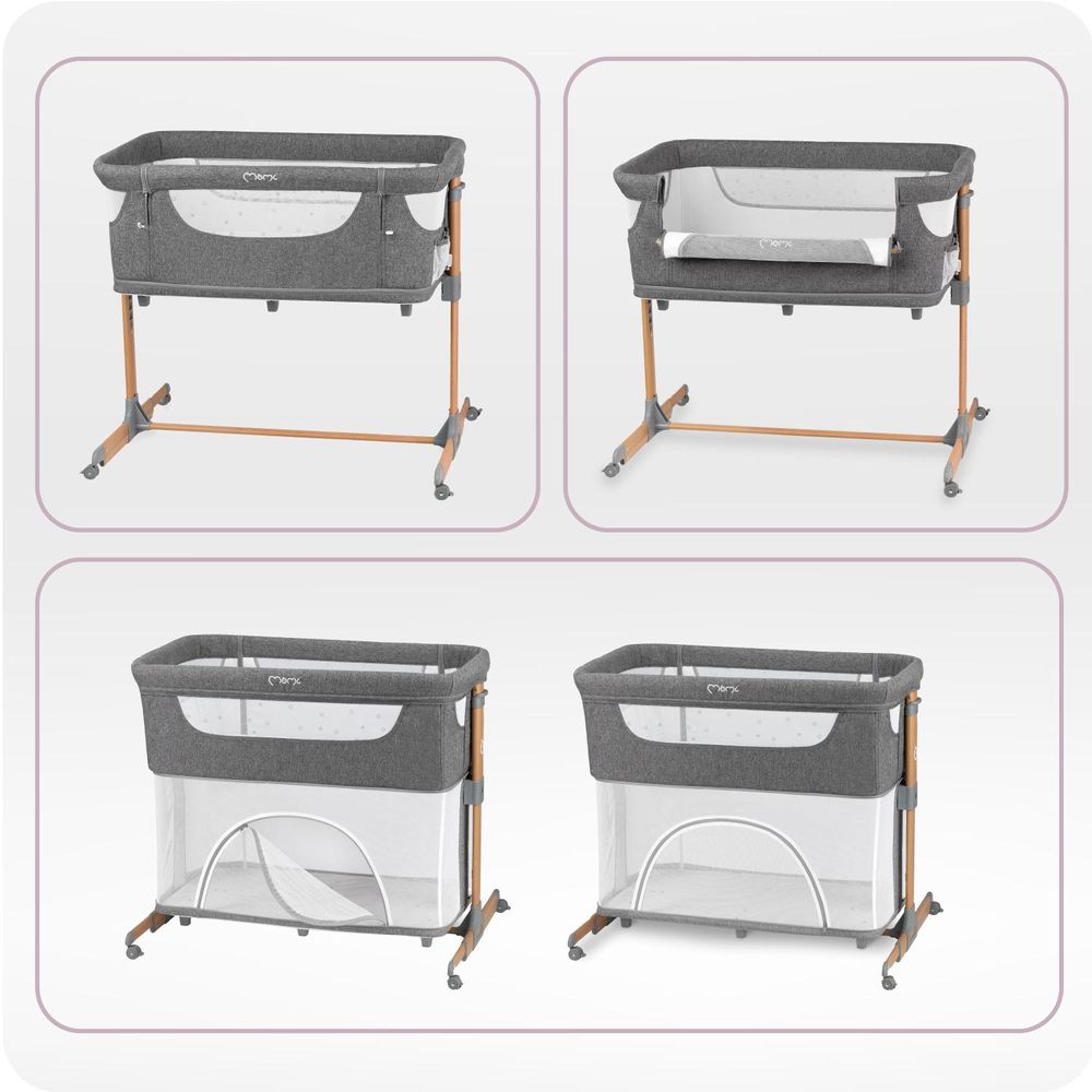 MoMi SMART BED – 4-in-1 Beistellbett & Reisebett, höhenverstellbar mit Neigefunktion, inkl. Matratze & Moskitonetz – Grau