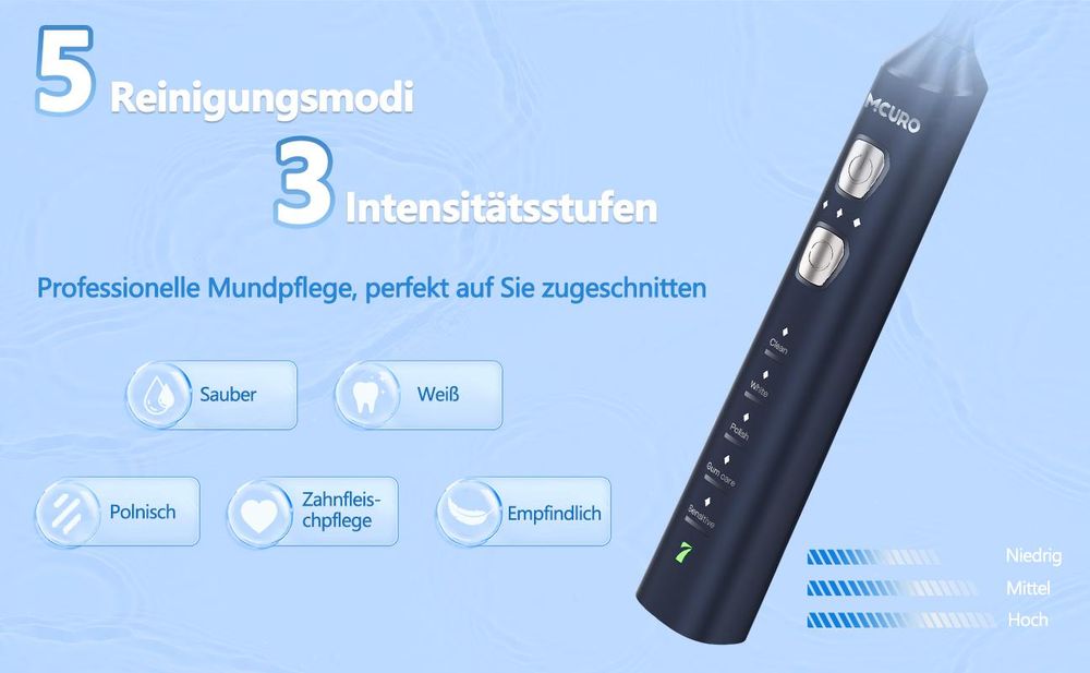 MCURO Elektrische Schallzahnbürste, 45.000 VPM, 5 Modi & 3 Intensitätsstufen, Type-C Schnellladung, 180 Tage Akku, 6 Bürstenköpfe, Dunkelblau