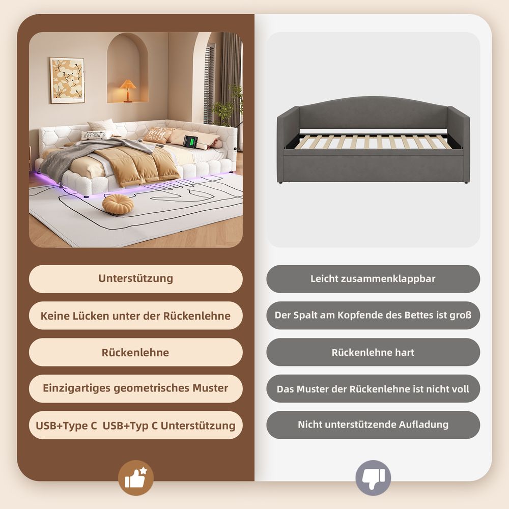 okwish Schlafsofa Daybett 90x200cm Ambientelicht mit Fernbedienung und Schubladen, Tagesbet Jugendbett mit Lattenrost und USB,(Ohne Matratze)-Grau