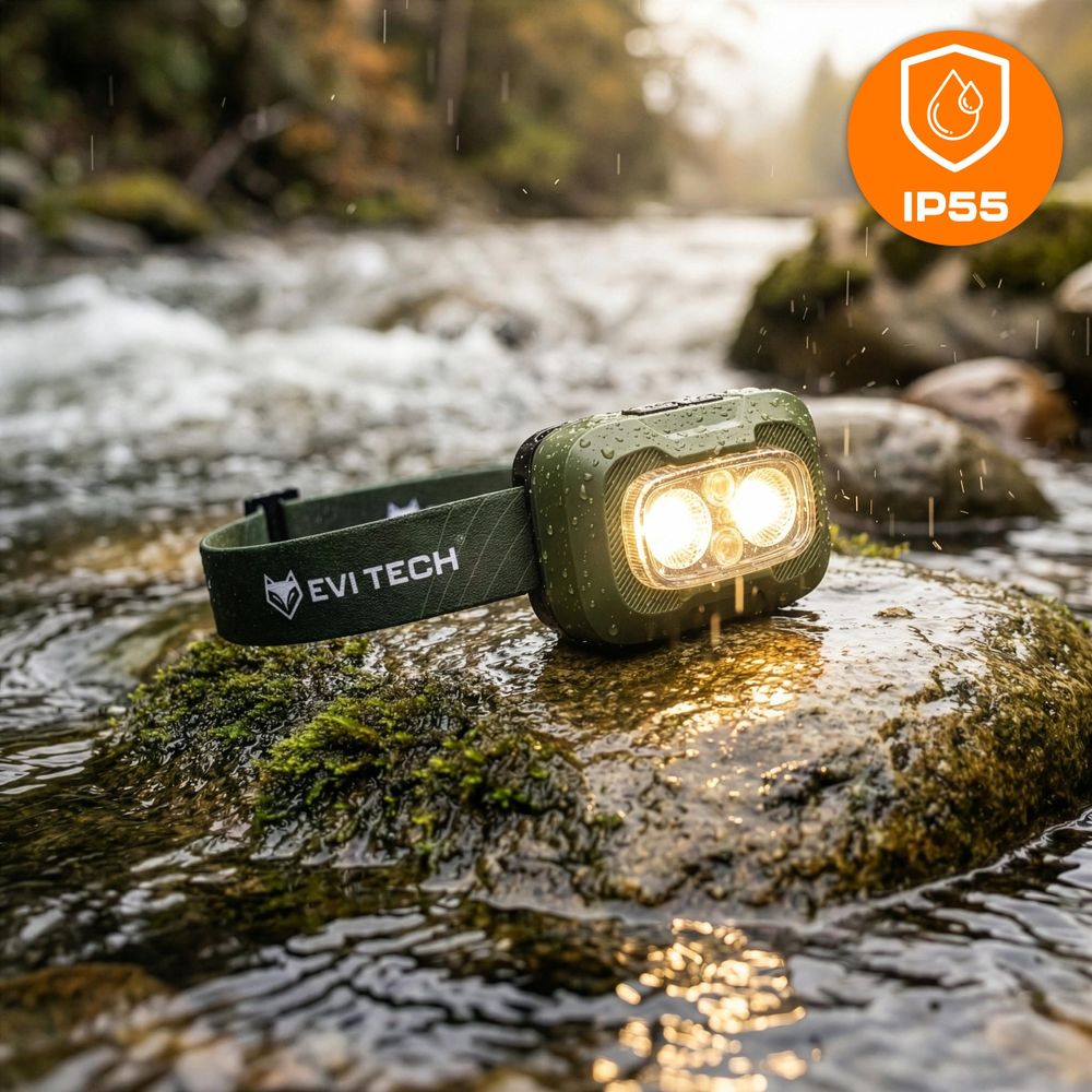 EVI TECH WaveBeam 300 LED Stirnlampe Akku USB-C Bewegungssensor 300lm Wasserdicht IP55 Kopflampe mit Rotlicht Outdoor Laufen Camping Grün