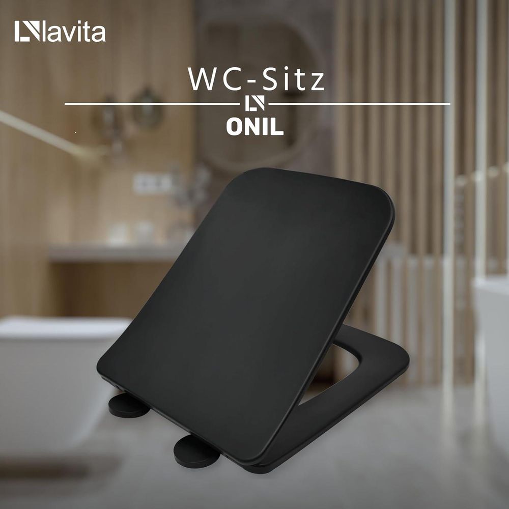 LAVITA ONIL BLACK Antibakterielle Duroplast WC-Sitz mit Absenkautomatik und Schnellverschluss,Passend für LAVITA ONIL BLACK Wand WC,Schwarz