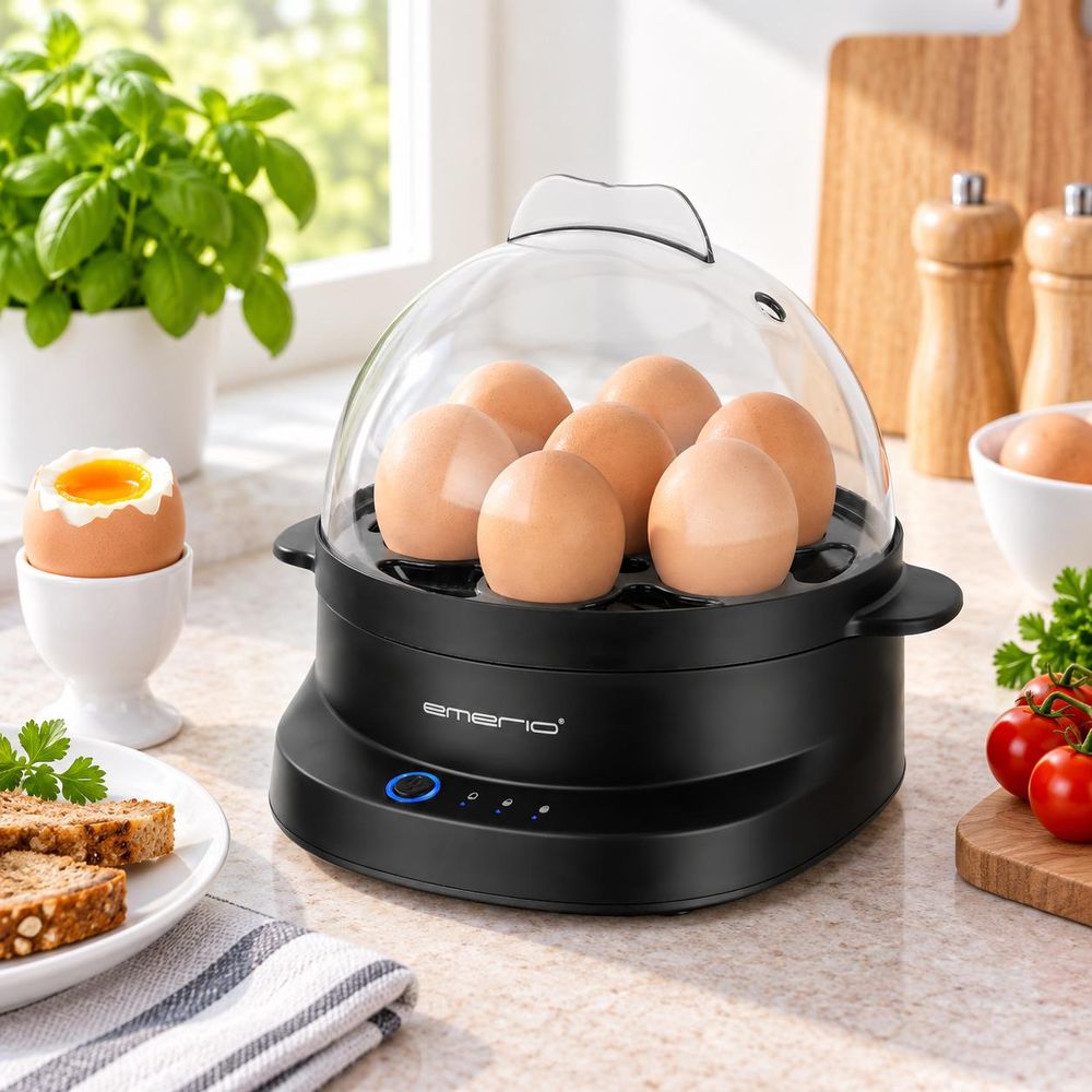 Emerio Eierkoker EB-131811.1 – 7 Eieren – 350 W – Meertalige Spraakfunctie – Automatische Uitschakeling – Zwart
