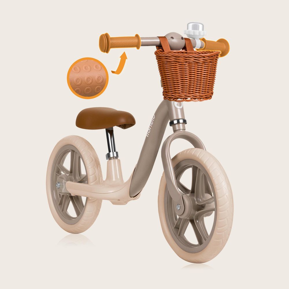 Lionelo Alex Plus Laufrad Kinder Fahrrad bis 30 kg Sattel und Lenker einstellbar 12 Zoll Eva Schaumräder Korb und Glocke Beige
