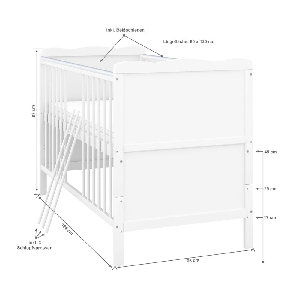 Baby-Delux Babybett Kinderbett Max 2in1 weiß 60x120 Kiefermassivholz, Komfort Matratze, Lattenrost, Beißschienen zum Schutz