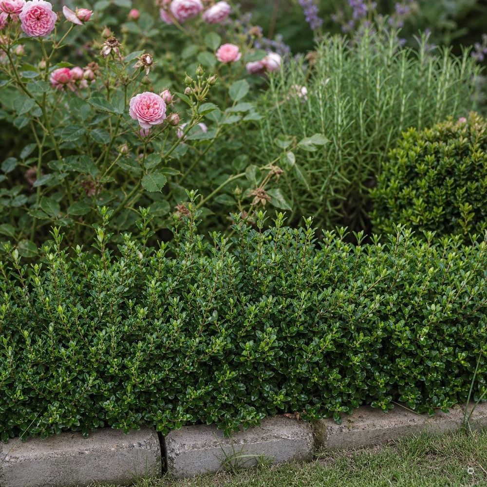 Niedrige, akkurat geschnittene Einfassungshecke um ein Rosen- oder Kräuterbeet.