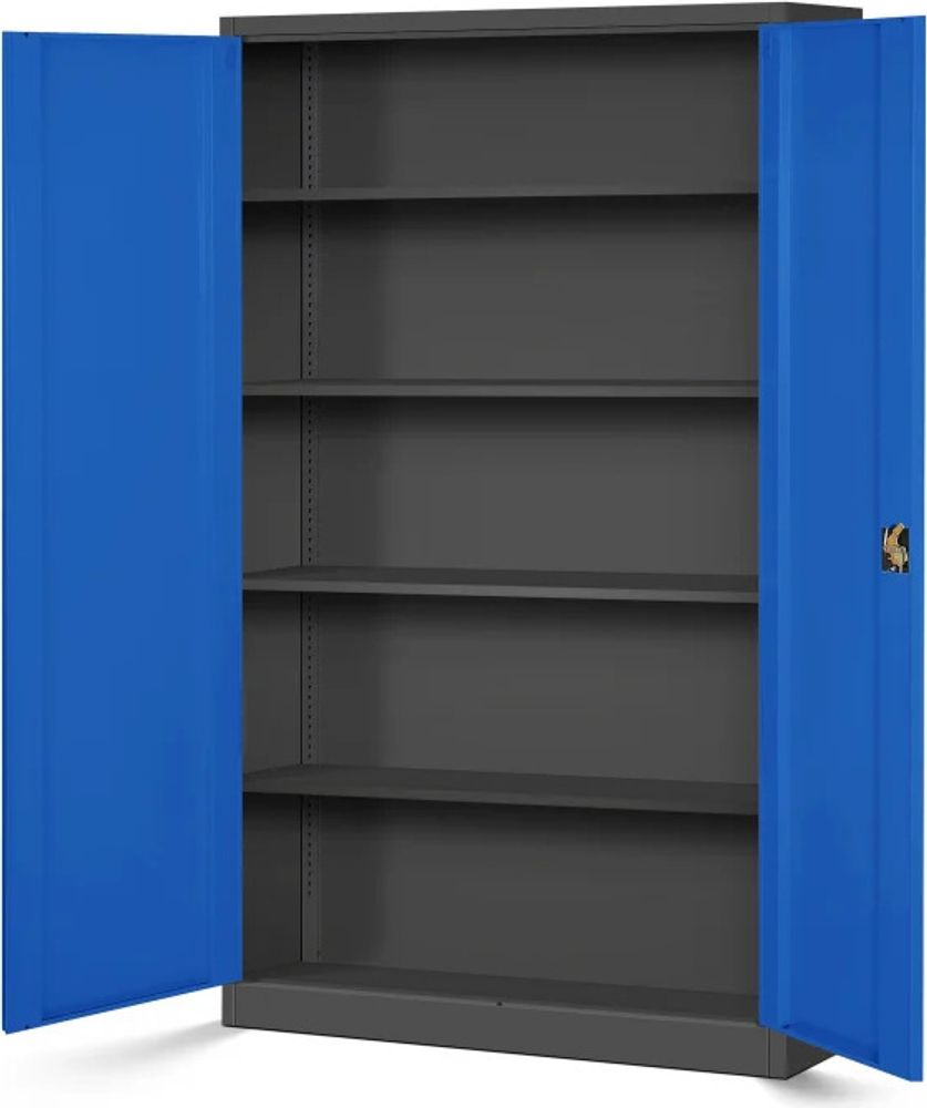 Büroschrank Aktenschrank XXL Metallschrank Flügeltüren Stahlblech Pulverbeschichtung 185 cm x 115 cm x 40 cm Farbe: Anthrazit-blau
