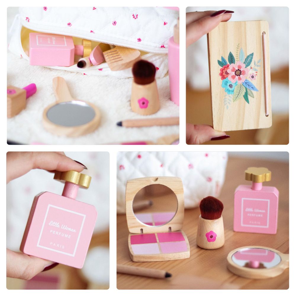 UMU Kosmetik-Set Little Woman aus Holz mit Schminktasche, Spiegel und Spiel-Make-up