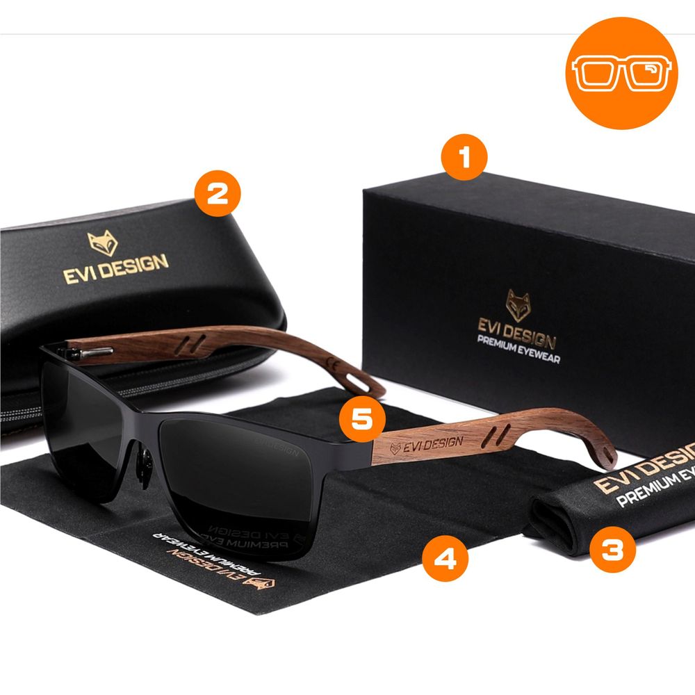 Sonnenbrille Herren Polarisiert UV400, Holz Sonnenbrille Nerd-Stil mit Walnussholz-Bügeln, inkl. Etui & Zubehör, EVI DESIGN, Schwarz