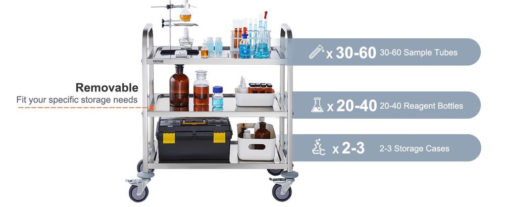 VEVOR Laborwagen Gerätewagen Medizintechnik Servierwagen 201 Edelstahl Tragbar Abräumwagen 100 kg Tragfähigkeit, 740 x 396 x 860 mm Labor Rollwagen