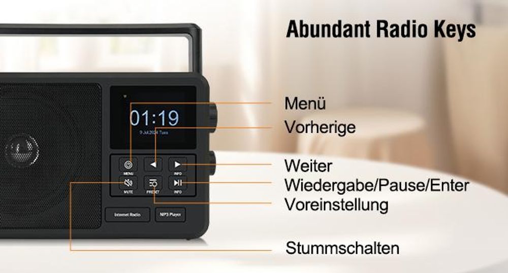 Retekess TR640 Internetradio DAB+,Tragbares Radio,Knopfbedienung,3,5-mm-Audiobuchse,Geeignet für Radio-Enthusiasten,Mit Fernbedienung