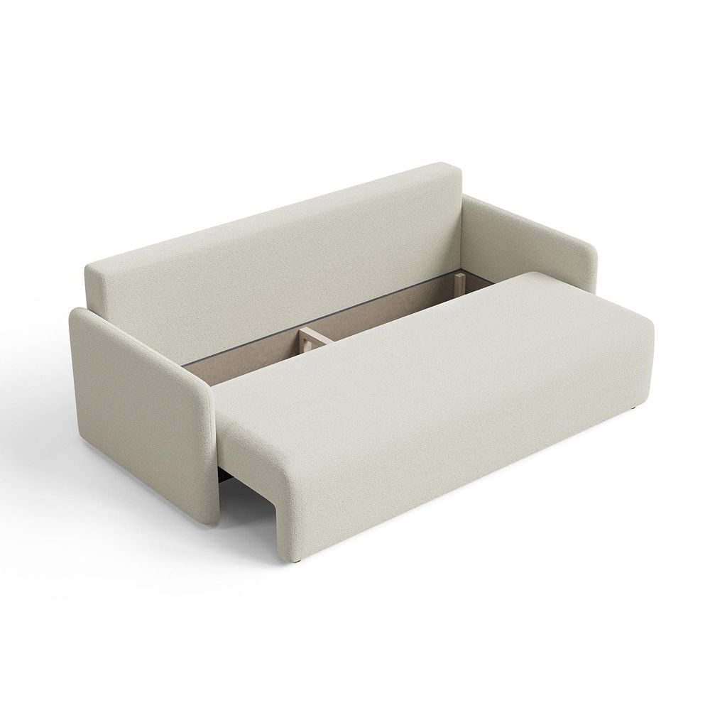 DEKORI Skandinavisches Sofa MALVA – 3-Sitzer Stoffsofa mit runden Kissen - QUELLE 05 (Beige)