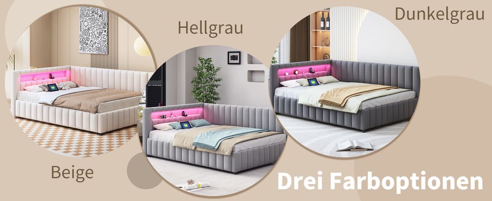 okwish Daybett Polsterbett 140x200, Schlafsofa mit LED-Licht und USB-Ladeanschluss,mit Rückenlehne und Kopfteil,Samtstoff,Beige-Ohne Matratze