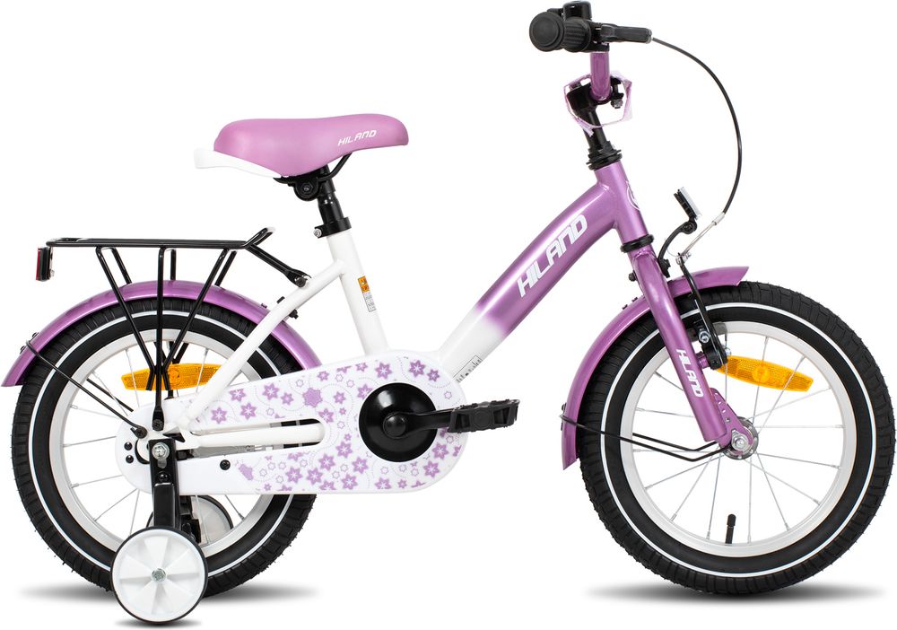 HILAND Starry 12 Zoll Kinderfahrrad für Mädchen ab 3 4 5 6 7 Jahren, mit Stützräder, Gepäckträger, Klingel, Handbremse und Rücktrittbremse, Lila