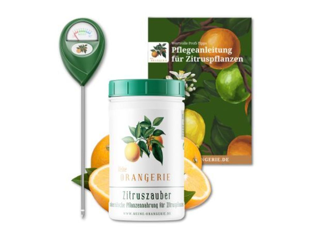 Meine Orangerie Zitrus-Pflegepaket Piccolo: Starker Zitrusdünger + nützlicher Feuchtigkeitsmesser + hilfreiche Pflegebroschüre