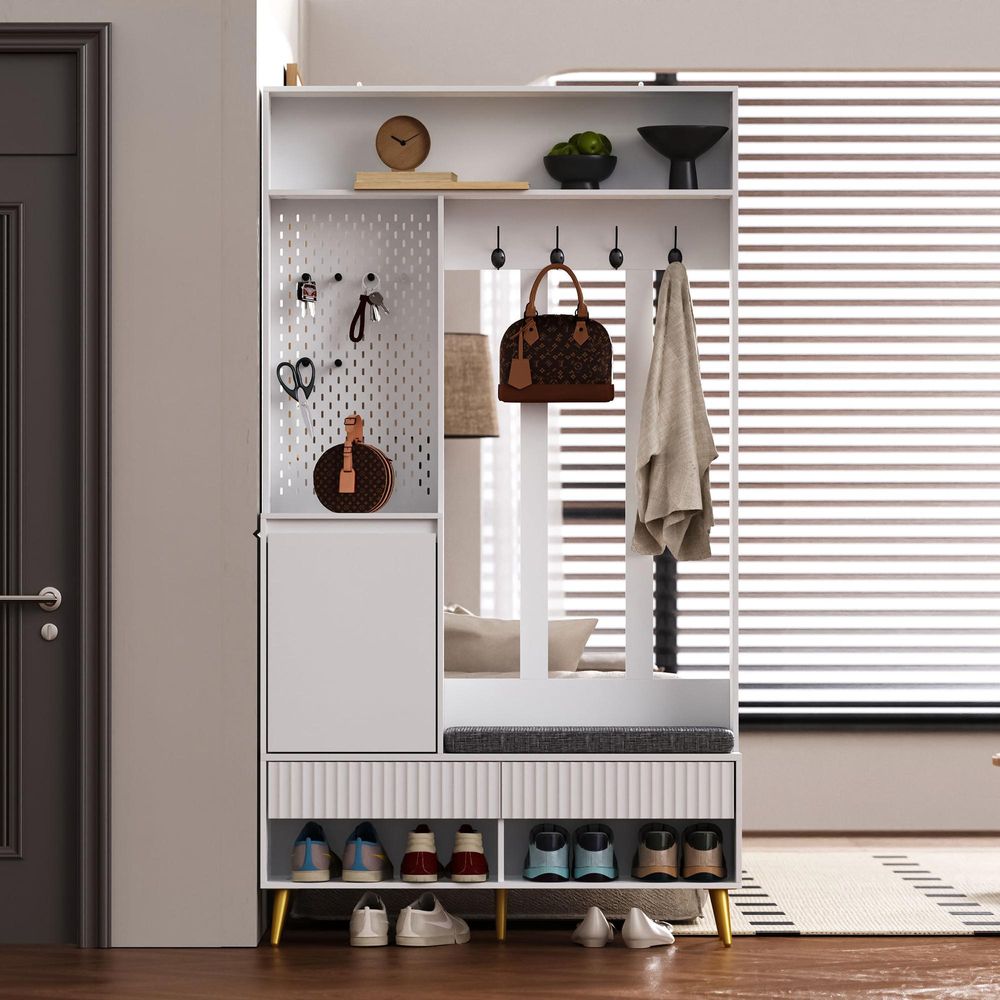Merax Garderobenständer mit Schuhbank, Garderoben-Set mit 4 Dreifach-Haken, Flurgarderobe mit Schubladen und Schrank, Eingangsbereich, Weiß