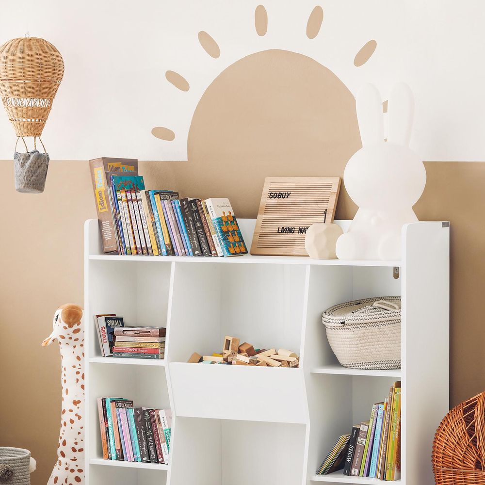 SoBuy Kinder Bücherregal Montessori Regal Kinderzimmer mit 8 Offenes Fach Kinderregal für Spielzeug Aufbewahrung Weiß 106x104x30 cm KMB55-W