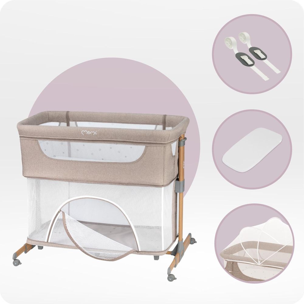 MoMi SMART BED – 4-in-1 Beistellbett & Reisebett, höhenverstellbar mit Neigefunktion, inkl. Matratze & Moskitonetz – Beige