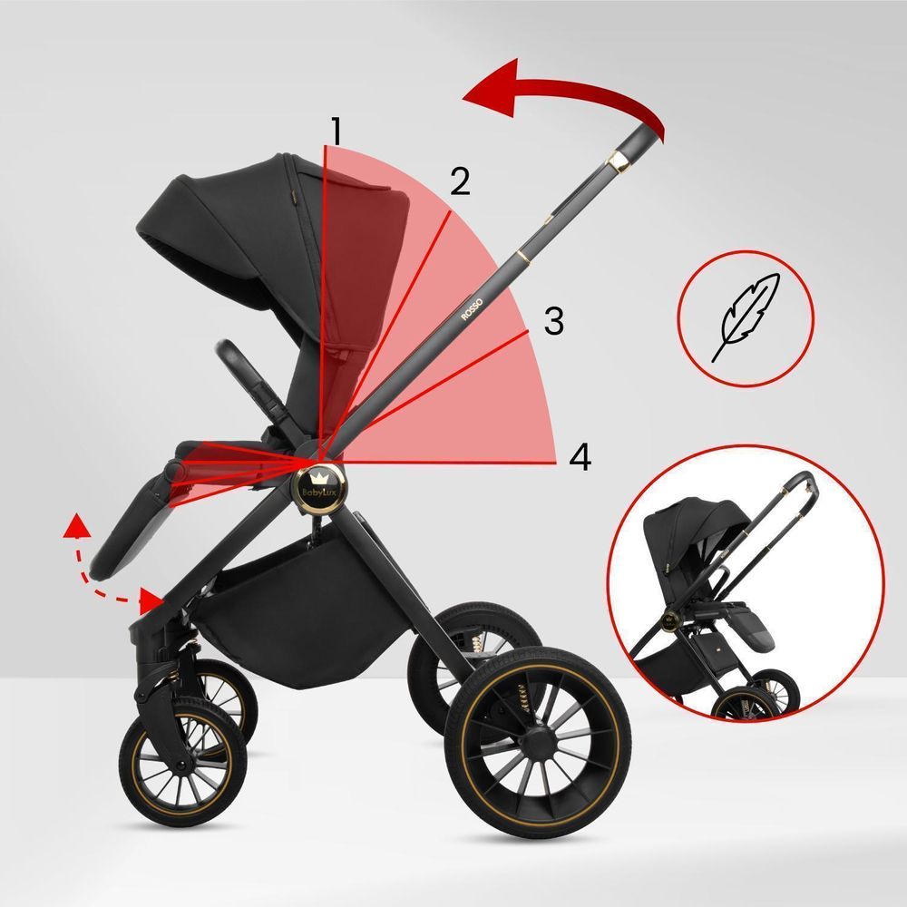 BabyLux® Passeggino Multifunzionale 3in1 ROSSO, Beige, Navicella, Passeggino, Seggiolino auto, Accessori, Leggero e Compatto, 0-22 kg, UV50+