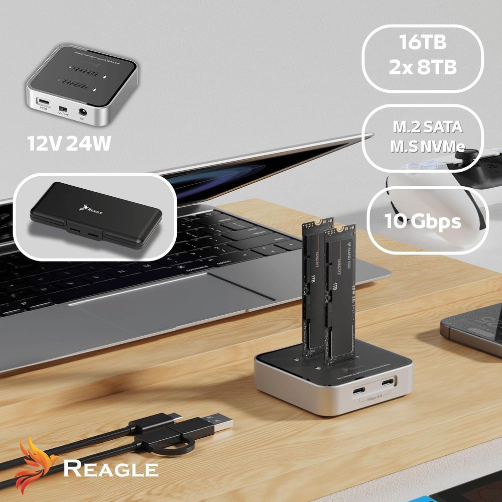 M.2 NVMe SATA SSD Docking Station 10Gbps USB 3.2 Dual Bay Adapter Externes Gehäuse für SSD 22110 2280 Plug and Play Kompatibel mit PC Laptop Reagle