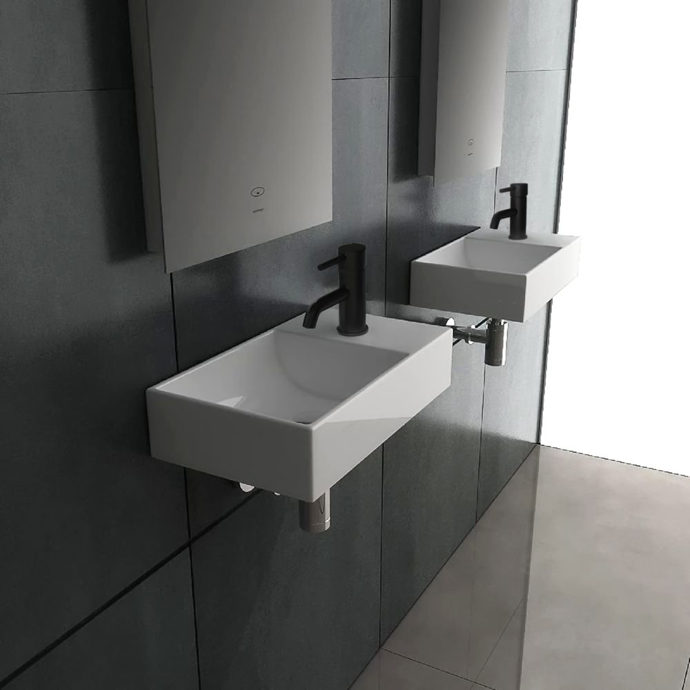 Alpenberger Badezimmer Waschbecken Klein 45 x 26 cm | Keramik Waschtisch Eckig | Wandwaschbecken - Einbauwaschbecken | Hängewaschbecken Gäste WC Klein | Handwaschbecken mit Hahnloch