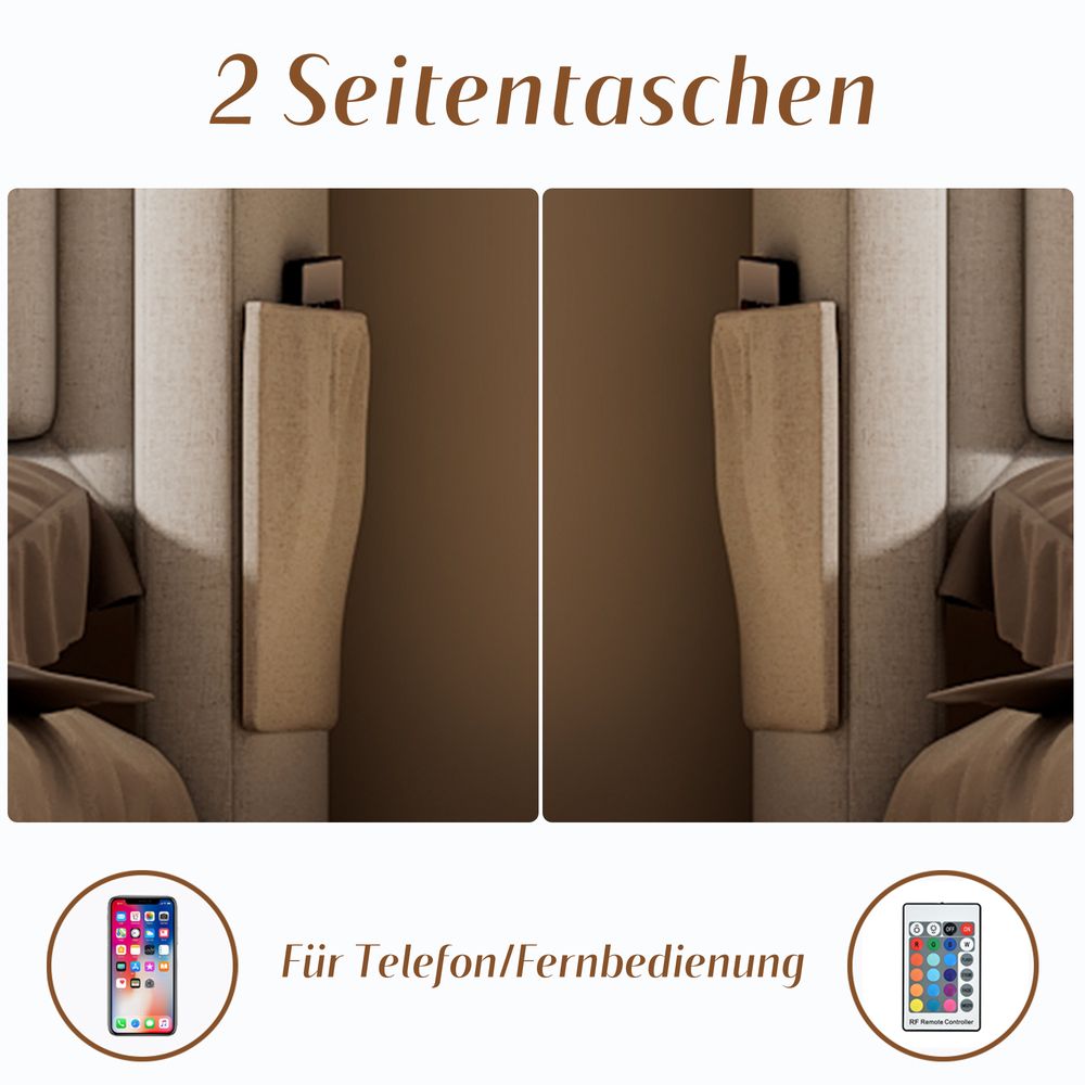 Flieks Polsterbett 140x200cm mit 4 Schubladen, Stauraumbett Doppelbett mit Ladefunktion, Jugendbett Holzbett mit LED, Funktionsbett Baumwolle, Beige