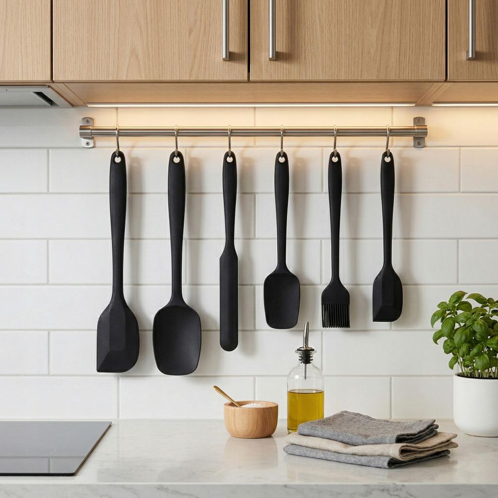 WELLHAUS Set mit 6 schwarzen Teigspateln aus Silikon Backspatel Teigschaber Küchenspatel Spatel-Set