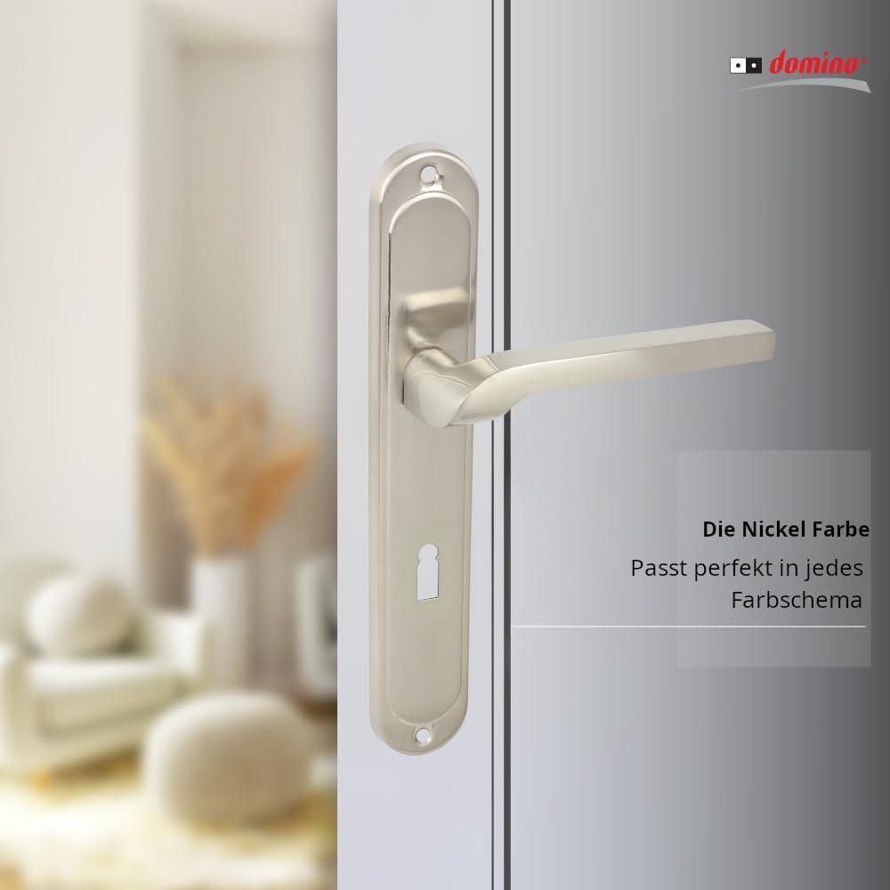 DOMINO Türgriff 72 Drückergarnitur BB - Buntbart Set | Tür-klinke für Zimmertür, Bürotür, Kellertür & Innentür | L-Form | Aluminium | Nickel | NEMO M9