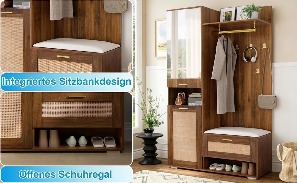 okwish Flurschrank Kleiderschrank mit Spiegel und Schuhschrank,Wandgarderobe mit Stauraumfach und LED-Beleuchtung,Nussbaum