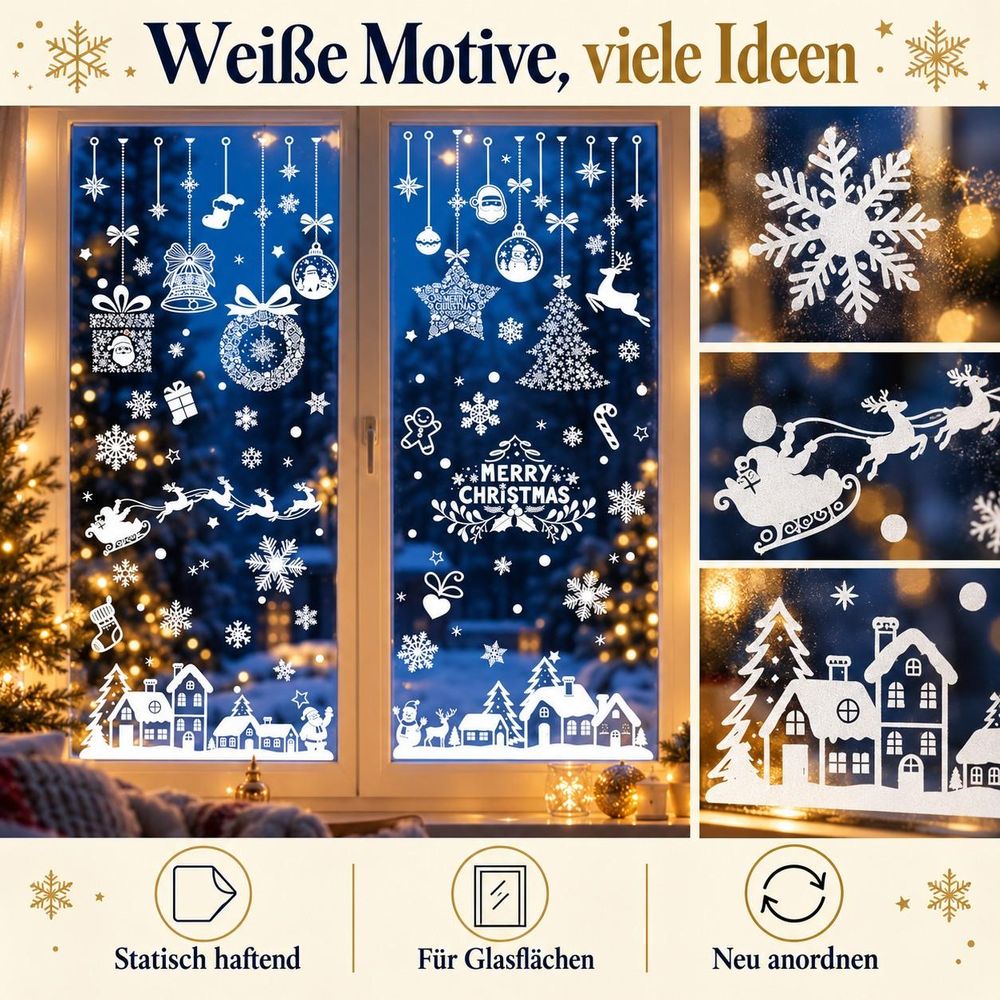 Detailansichten von weißen Schneeflocken, Schlitten und Häusern