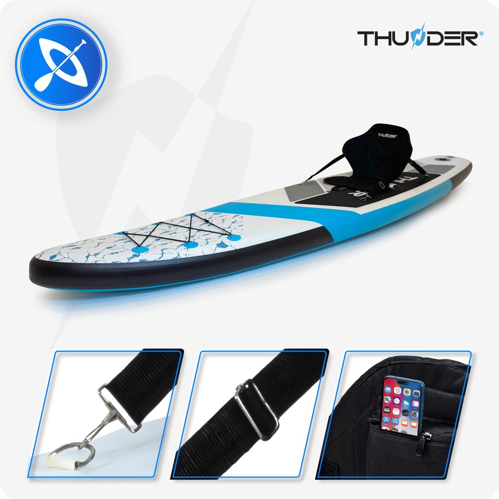 THUNDER® Stand Up Paddle Board | MARIS | 320x75x15cm | BLUE | Bis 150kg | Komplettset | Aufblasbar | Paddleboard | SUP Zubehöre | Kajak Sitz |