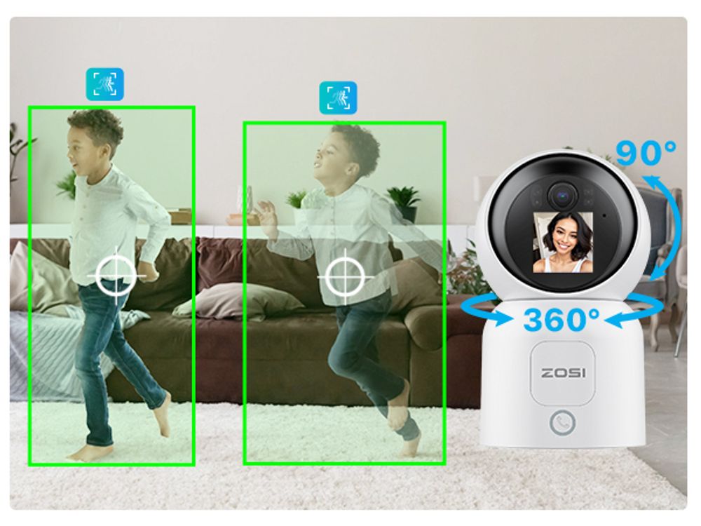ZOSI 4K WLAN Überwachungskamera mit 1,44" Monitor, 8MP Innen Kamera 360° Schwenkbar, 2-Wege-Videoanruf, 2,4/5Ghz WiFi, AI Personenerkennung, C519M