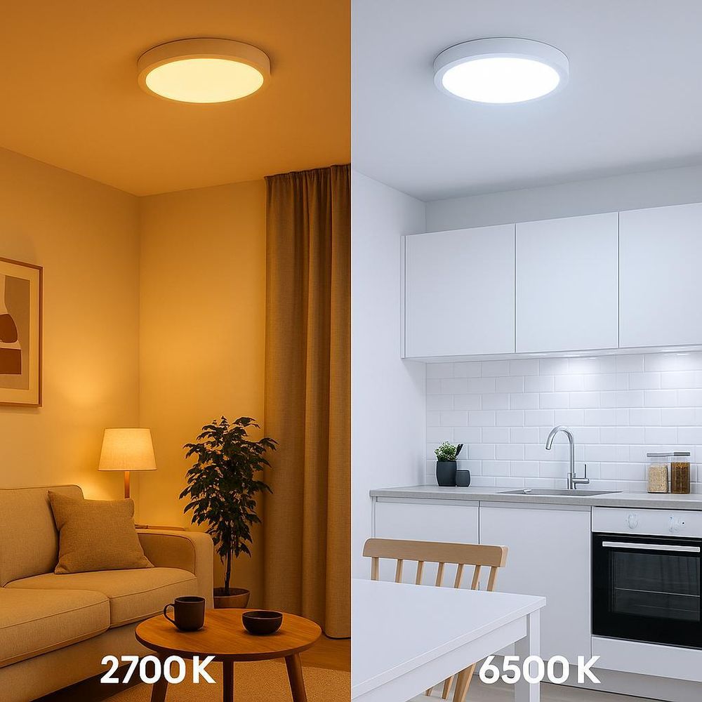 Runde LED-Deckenleuchten in Wohn- und Küchebereich mit 2700K und 6500K Farbtemperatur.