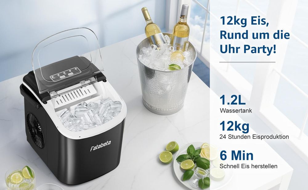 Fatabeta Eiswürfelmaschine 1,2L Eiswürfelbereiter 2 Eisgrößen 9 Eiswürfel in 6 Min, 12kg/24h, LCD Display, leise Eiswürfel Maschine