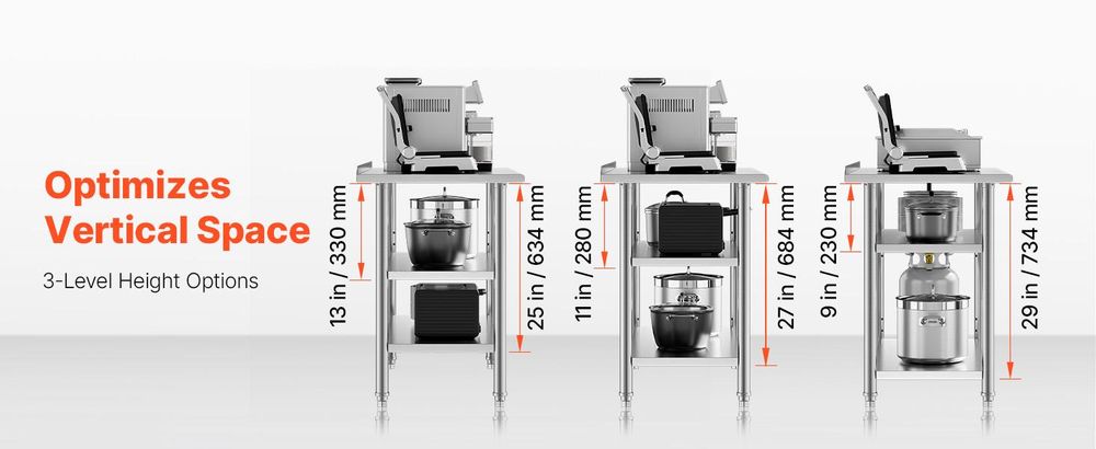 VEVOR Edelstahl Vorbereitungs Tisch, 24 x 24 x 34 Zoll, Schwerlast Metall Arbeitstisch mit 3 verstellbaren Höhenstufen, Gewerbliche Arbeitsstation für Küche Garage Restaurant Garten