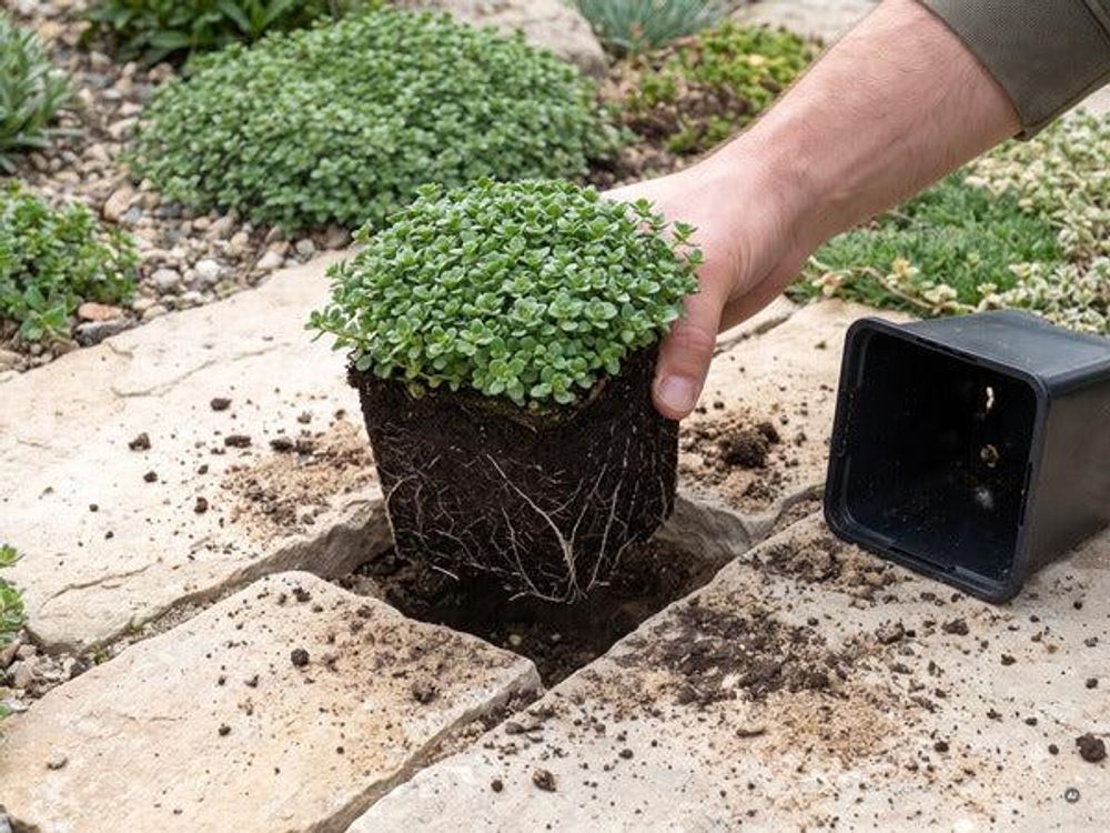 Hand setzt das Polster aus dem 9 x 9 cm Topf in eine Fuge zwischen Natursteinplatten