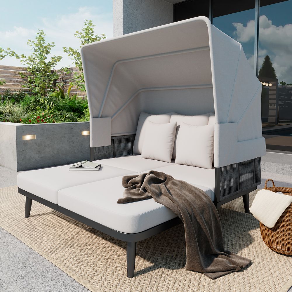 MERAX Gartenliege aus verzinktem Stahl und handgeflochtenem Seil Sonneninsel Sitzgruppe Gartenmöbel Gartenlounge-Set für 2-4 Personen