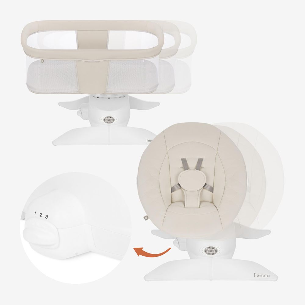 Lionelo Vivi Set: Dondolo elettrico per bambini con vaschetta, funzione culla, Bluetooth, sensore di movimento, telecomando, adatto da 0 a 9 kg